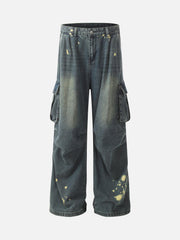 Spray-Painted Reverse Pleated Cargo Jeans