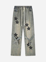 Star Embroidered Elastic Waist Jeans
