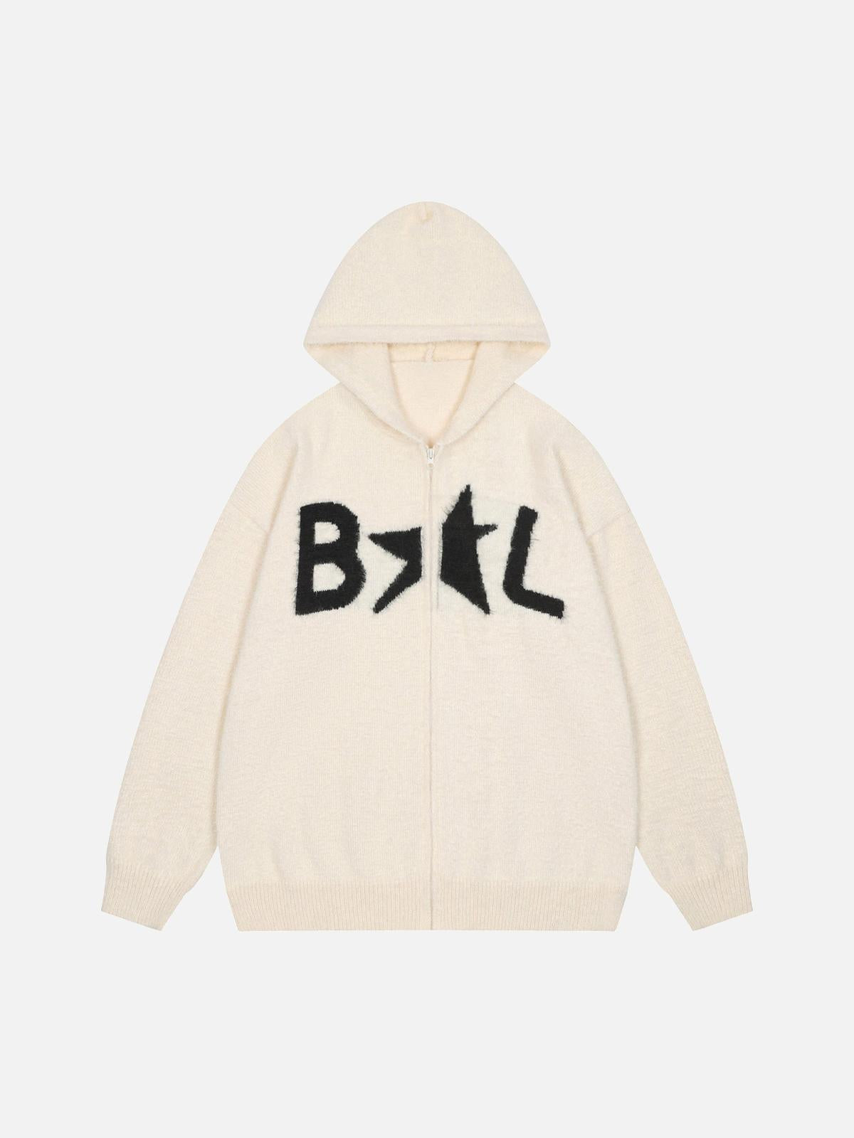 Star Knit Hooded Zip Up Cardigan Sweater