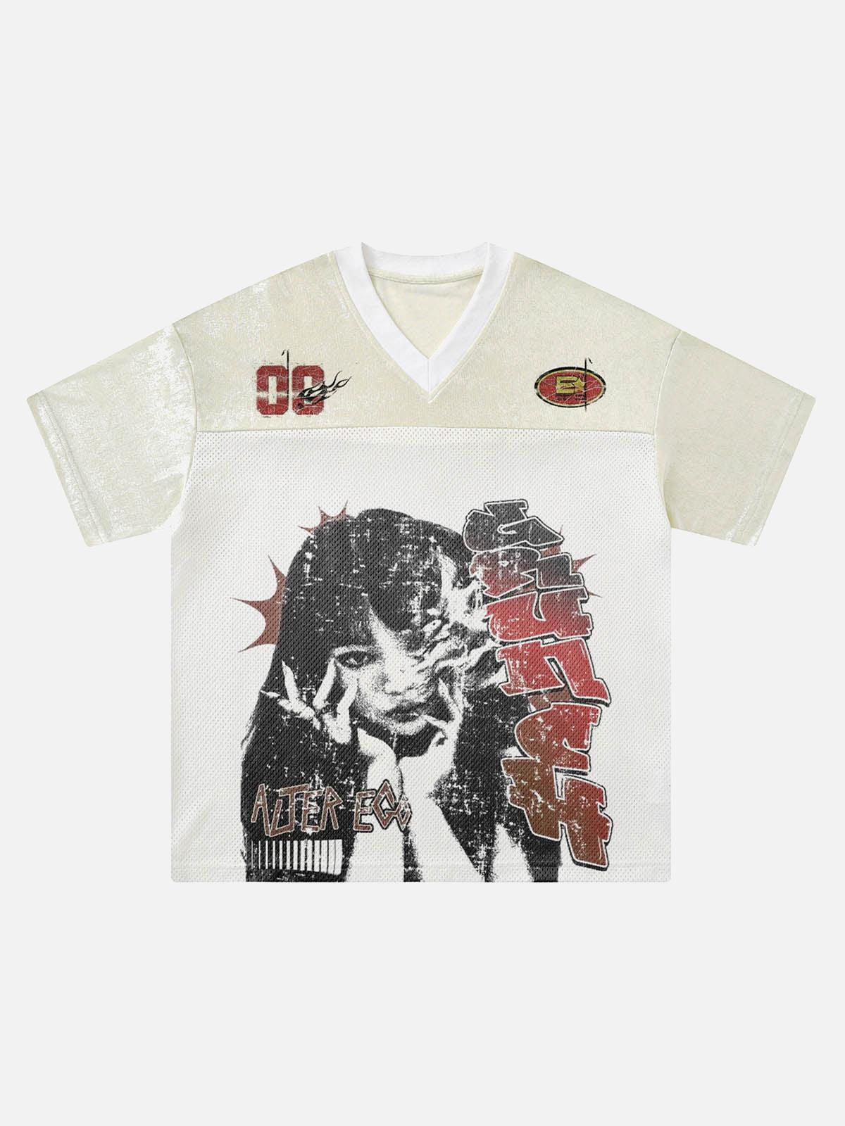 Street Stitching Mesh Character Print T-Shirt