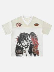 Street Stitching Mesh Character Print T-Shirt