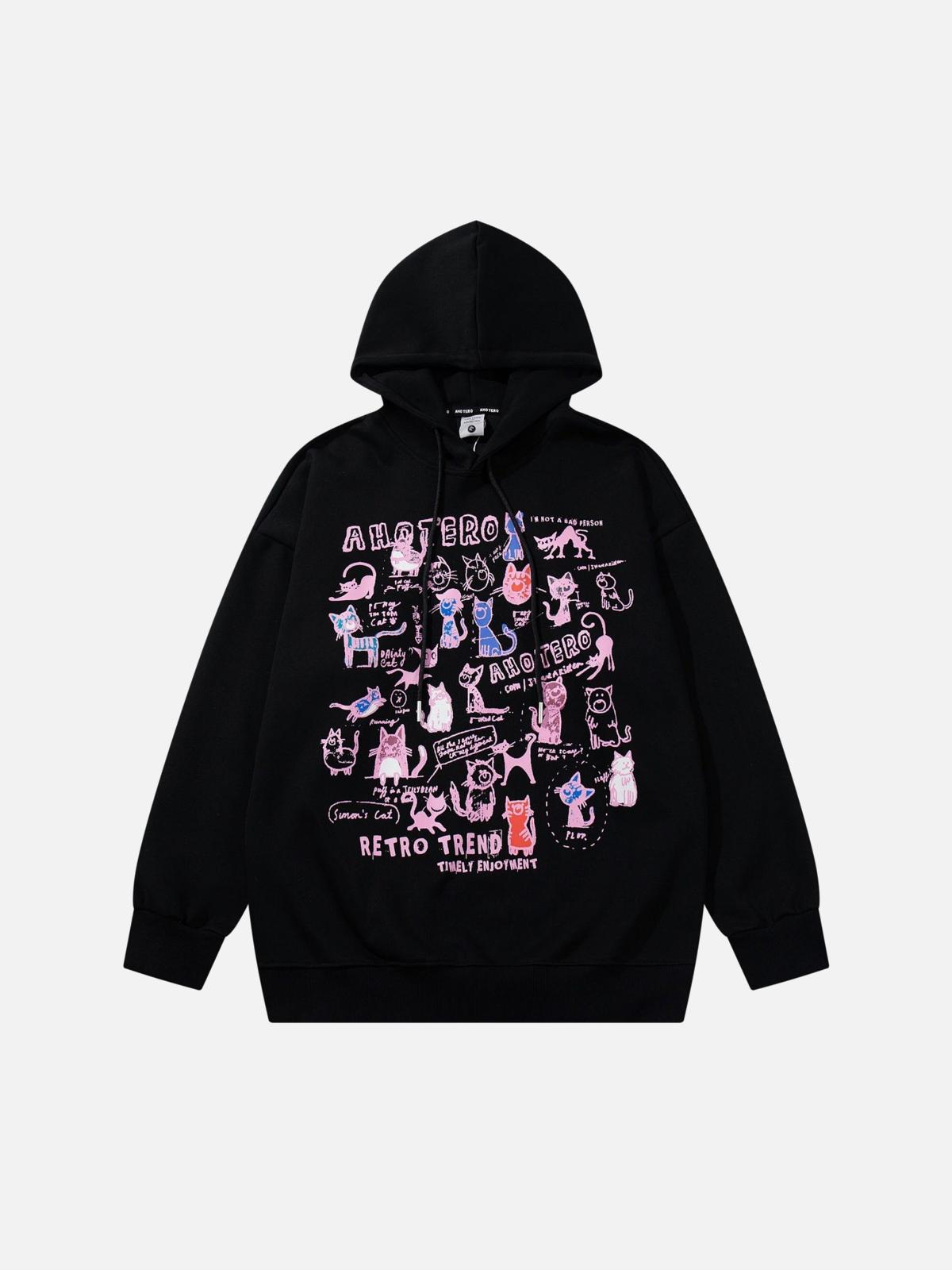 Vintage Cat Print Hoodie