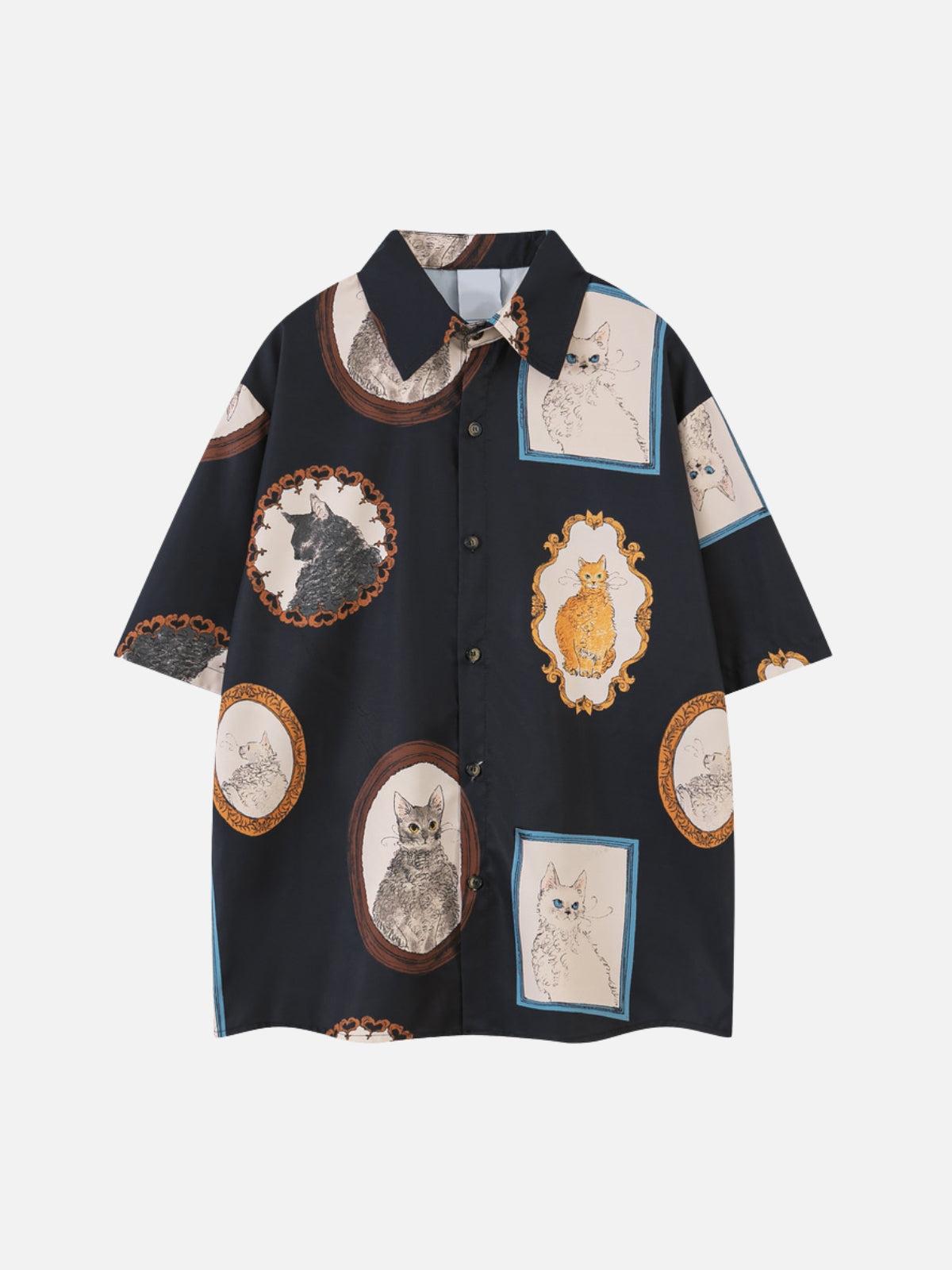 Vintage Cat Print Short Sleeve Shirt