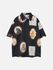 Vintage Cat Print Short Sleeve Shirt