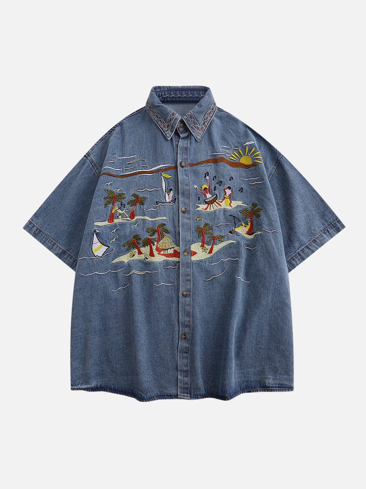 Vintage Embroidered Denim Short Sleeve Shirt