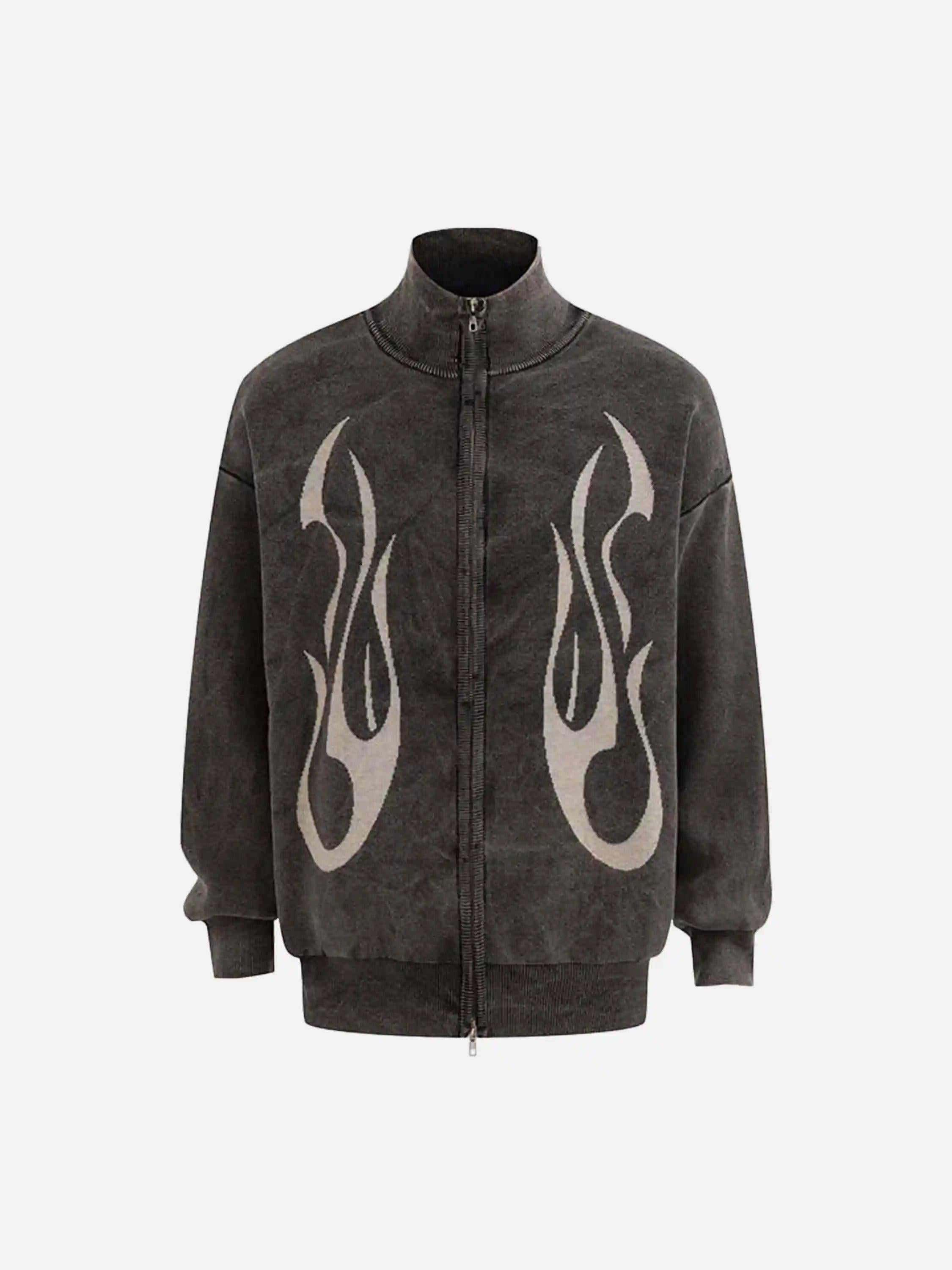 Vintage Flame Jacquard Stand Collar Cardigan
