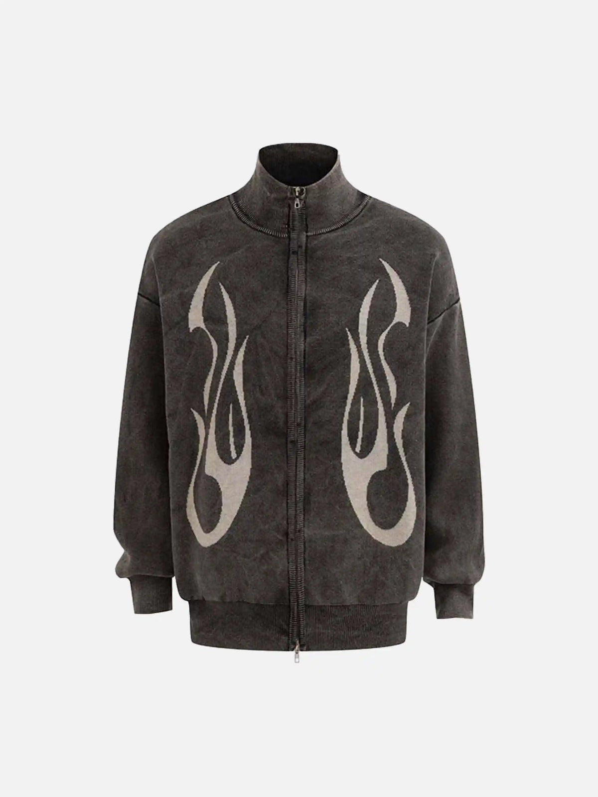 Vintage Flame Jacquard Stand Collar Cardigan