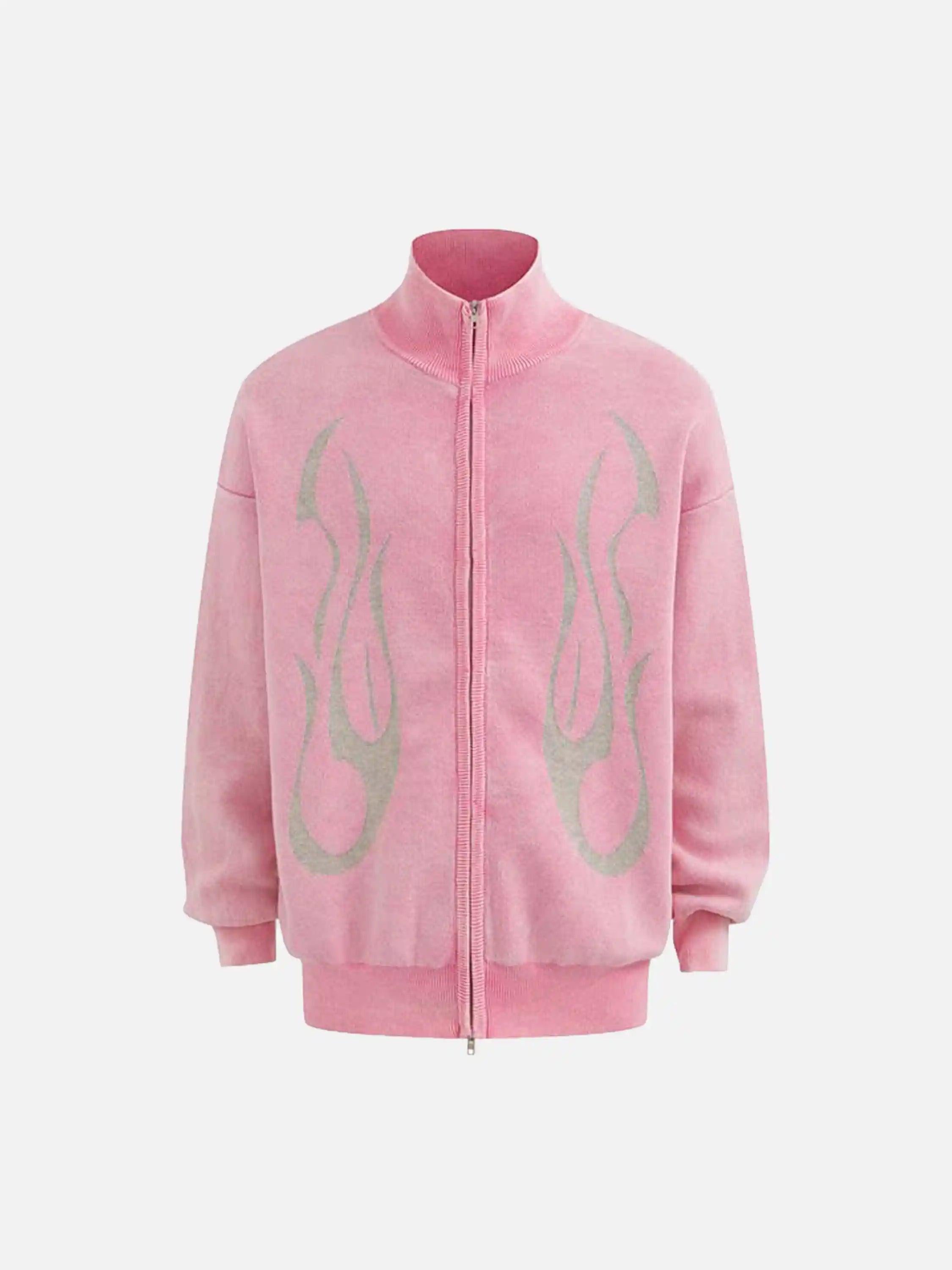 Vintage Flame Jacquard Stand Collar Cardigan