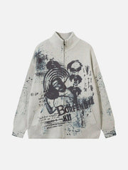 Vintage Graffiti Zip-Up Cardigan