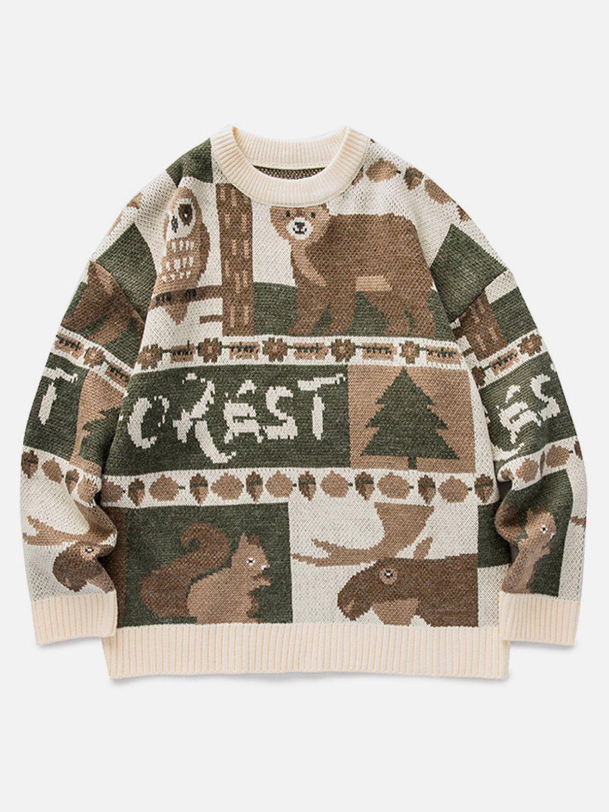 Vintage Owl Bear Print Knitted Sweater
