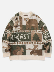 Vintage Owl Bear Print Knitted Sweater