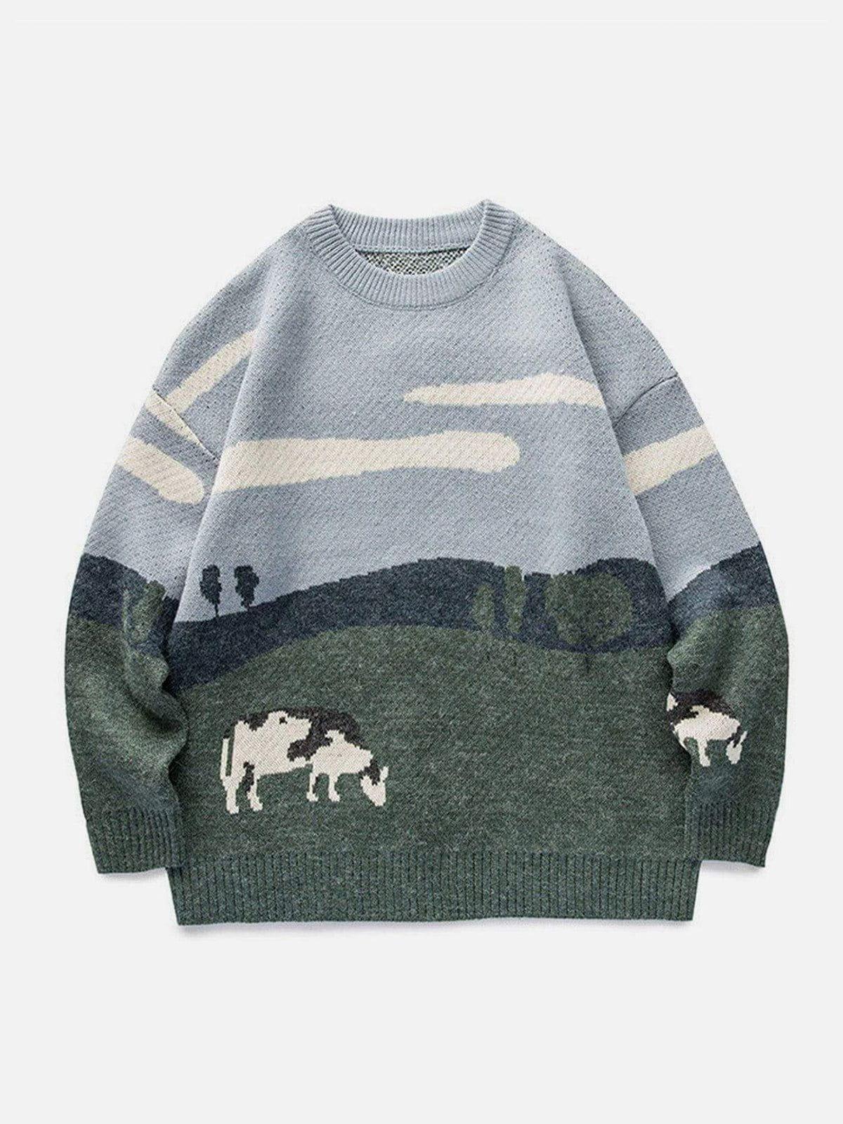 Vintage Prairie Cow Pattern Streetwear Sweater