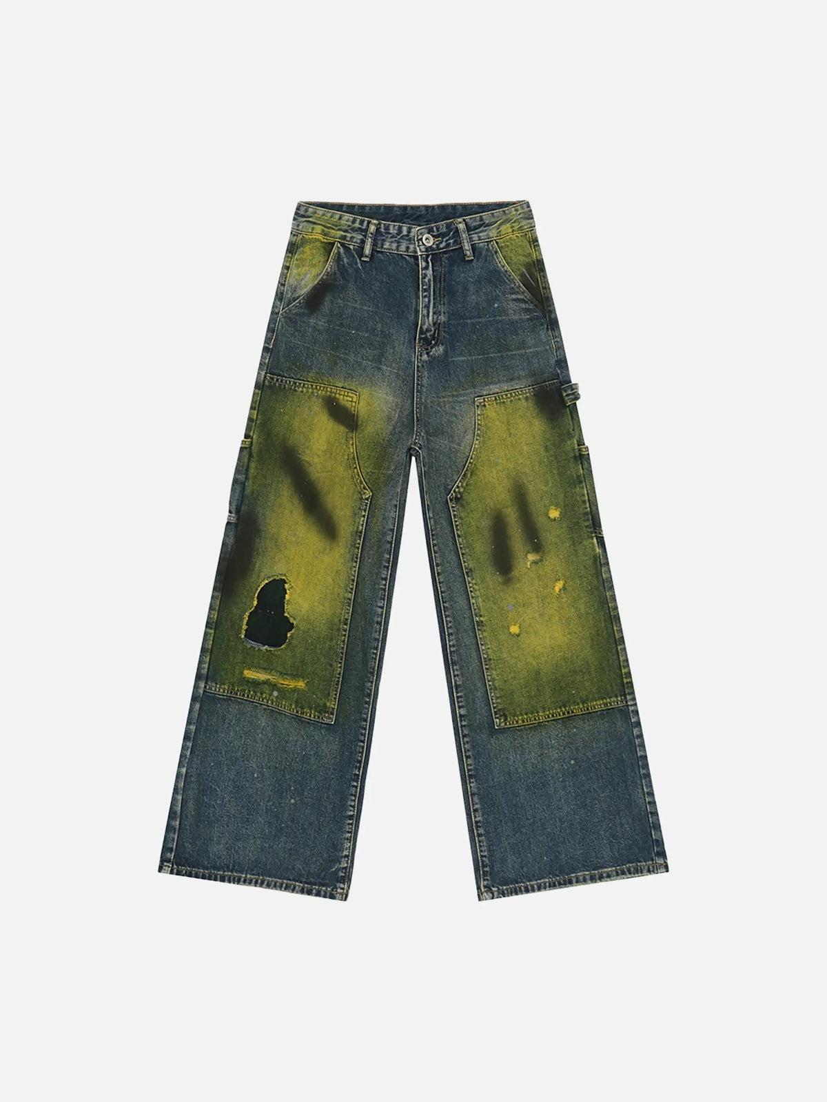 Vintage Spray-Painted Patch Ripped Jeans