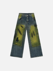 Vintage Spray-Painted Patch Ripped Jeans