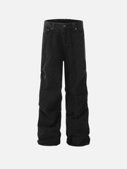 Vintage Washed Pleated Straight Jeans