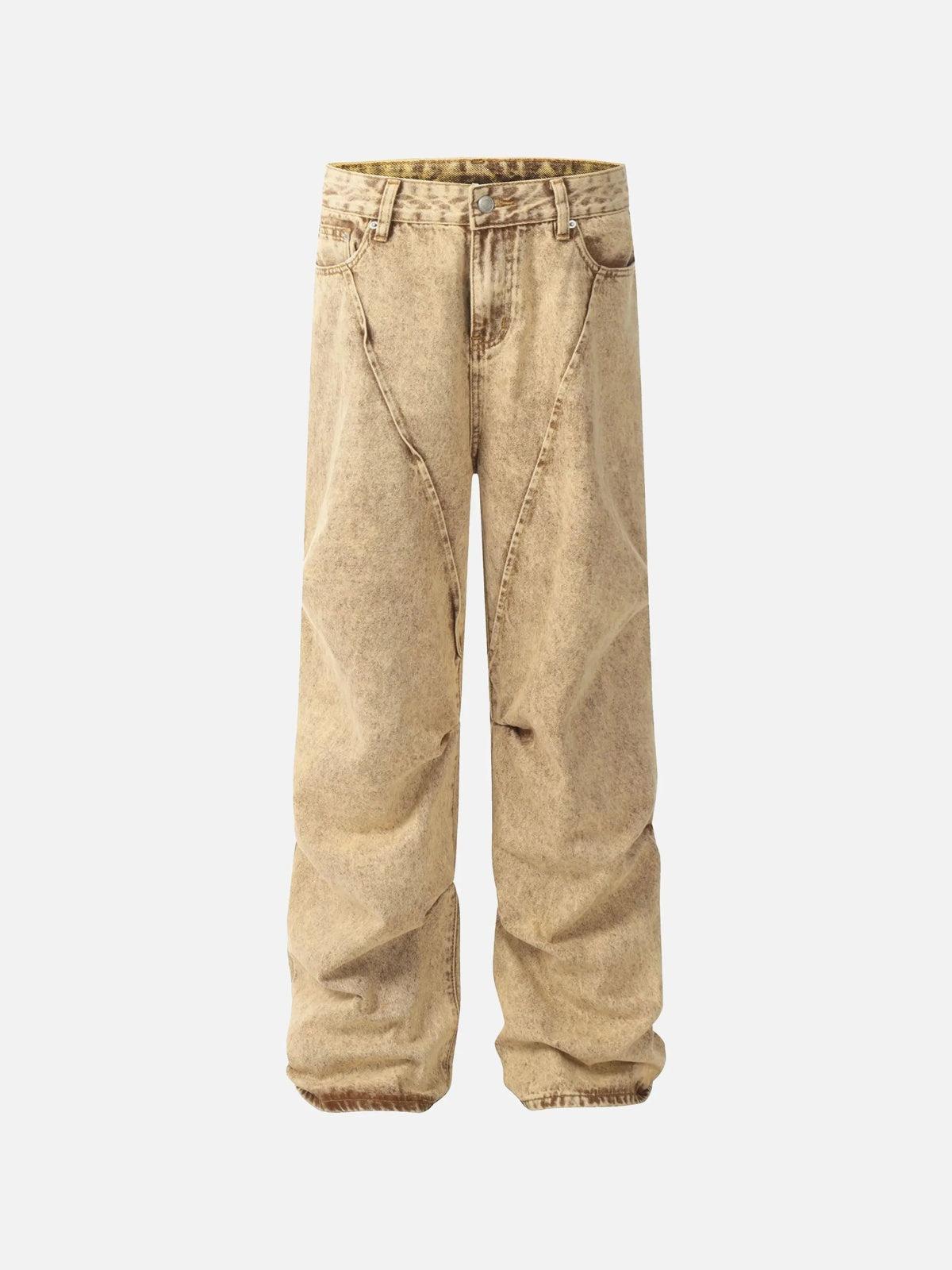 Vintage Washed Pleated Straight Jeans