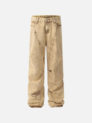 Vintage Washed Pleated Straight Jeans