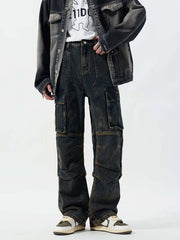 Washed And Distressed Multi-Pocket Jeans