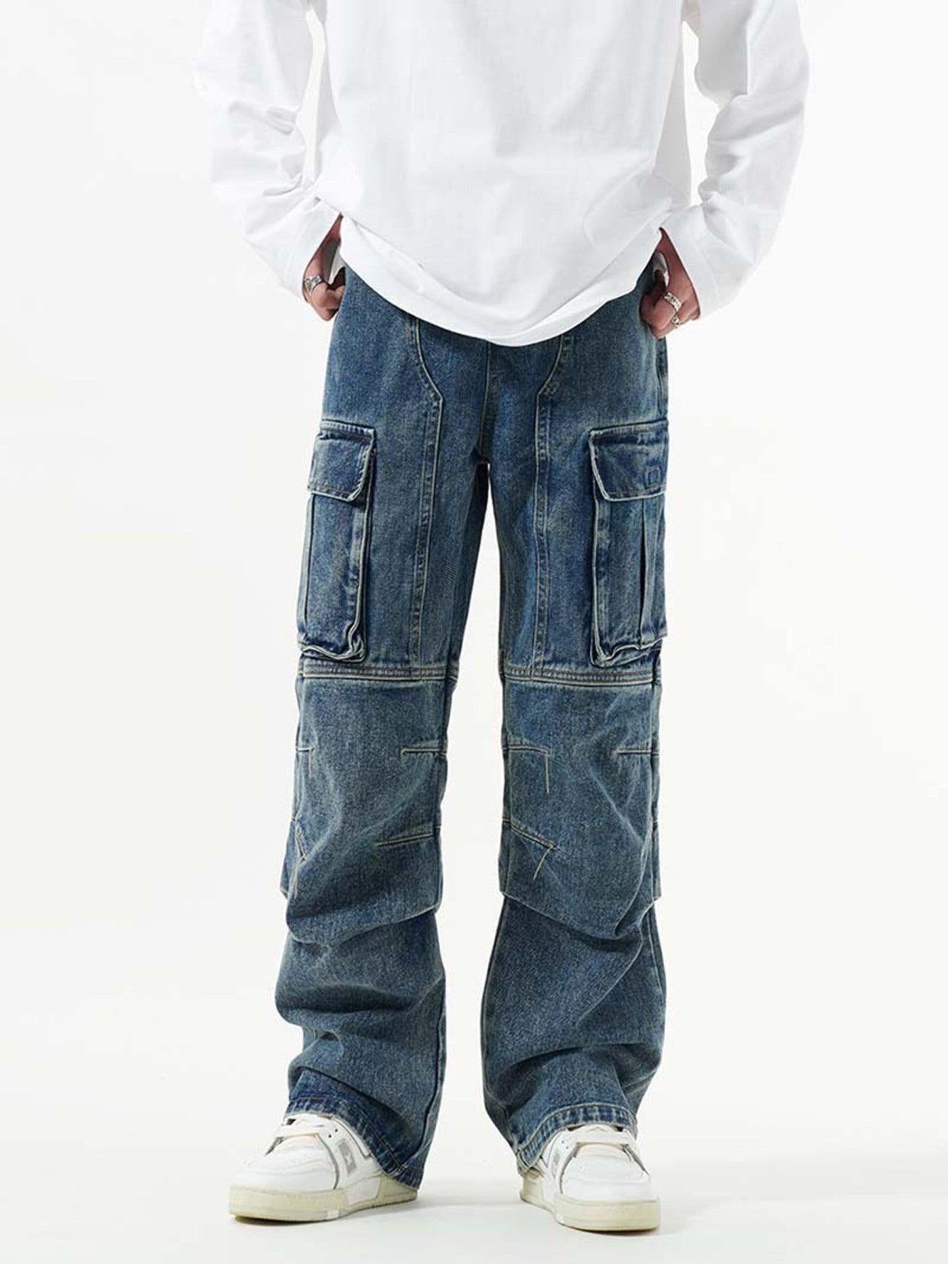 Washed And Distressed Multi-Pocket Jeans