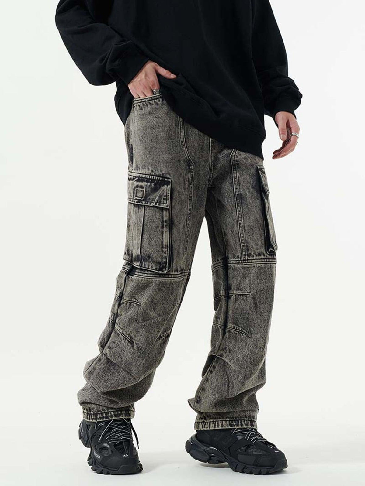 Washed And Distressed Multi-Pocket Jeans