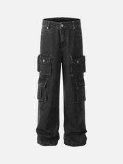Washed Distressed Cargo Pocket Jeans