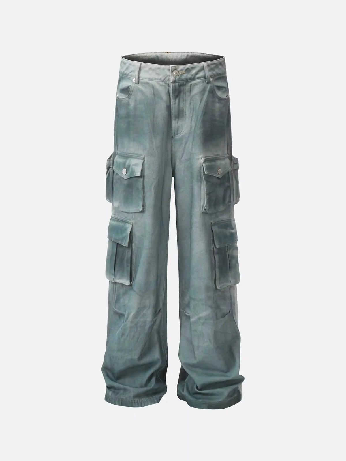 Washed Distressed Cargo Pocket Jeans