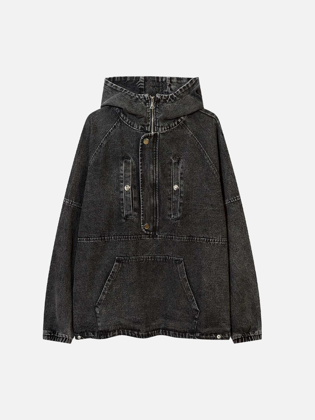 Washed Distressed Denim Zip-Up Hoodie