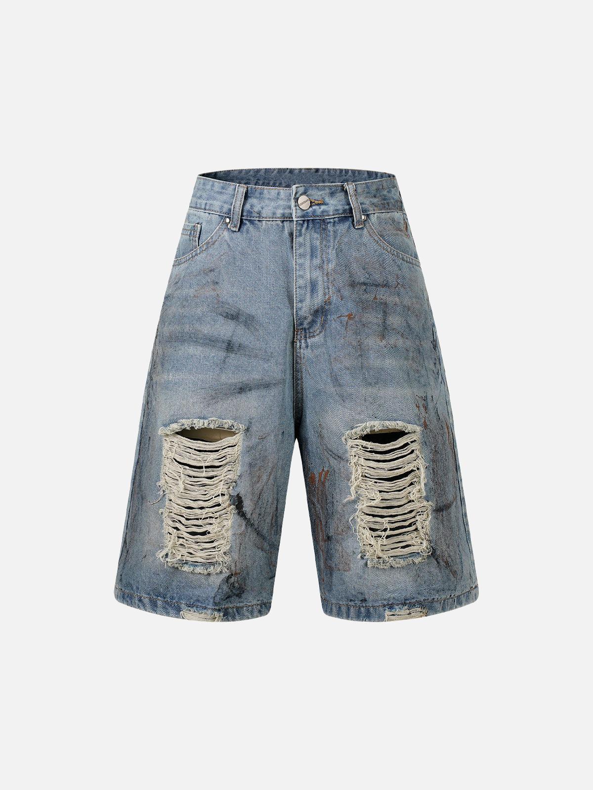 Washed Distressed Dirty-Dyed Ripped Denim Shorts