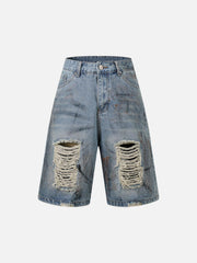 Washed Distressed Dirty-Dyed Ripped Denim Shorts