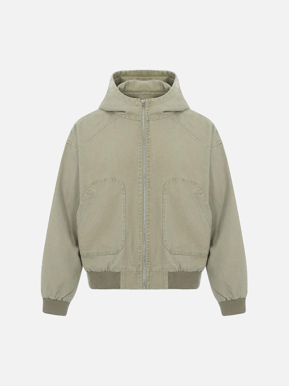 Washed Distressed Patchwork Work Hooded Jacket