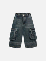 Washed Multi-Pocket Denim Cargo Jorts