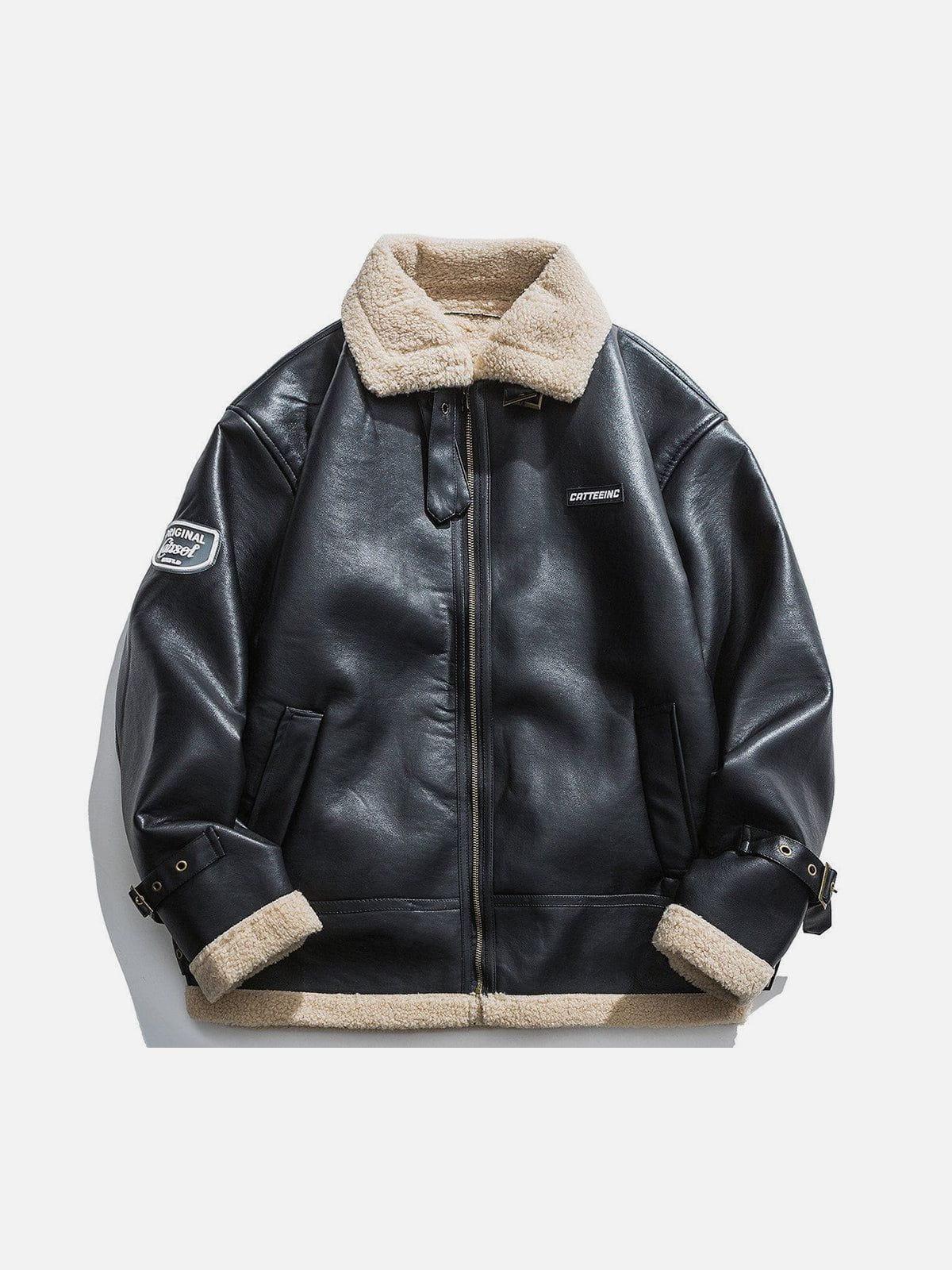 Zipper Lapel PU Borg Jacket