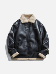 Zipper Lapel PU Borg Jacket