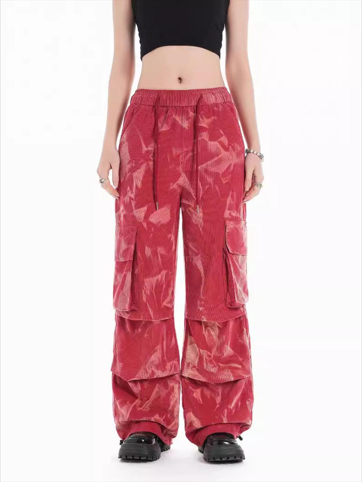 Tie-Dye Pleated Corduroy Multi-Pocket Pants