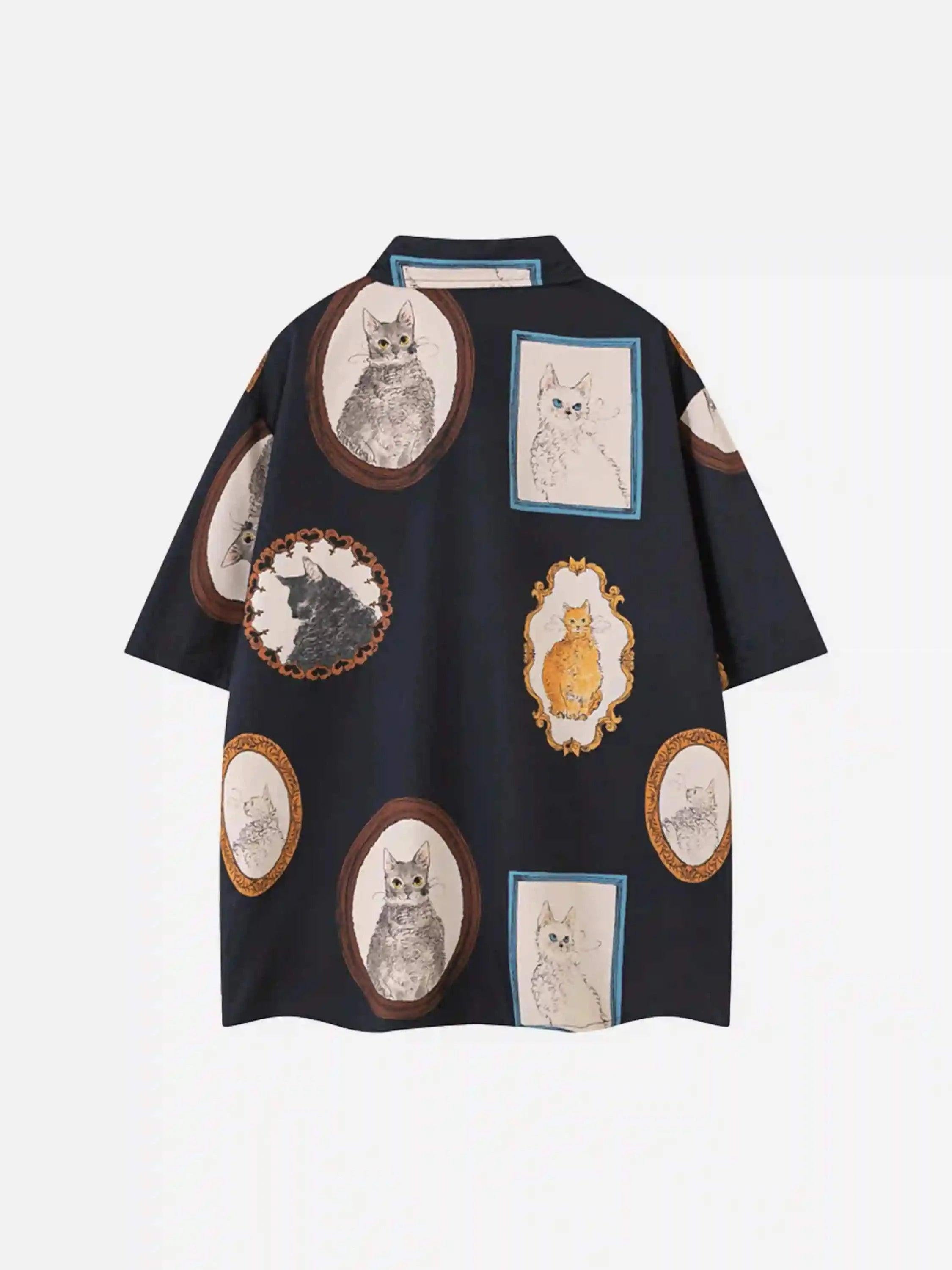 Vintage Cat Print Short Sleeve Shirt