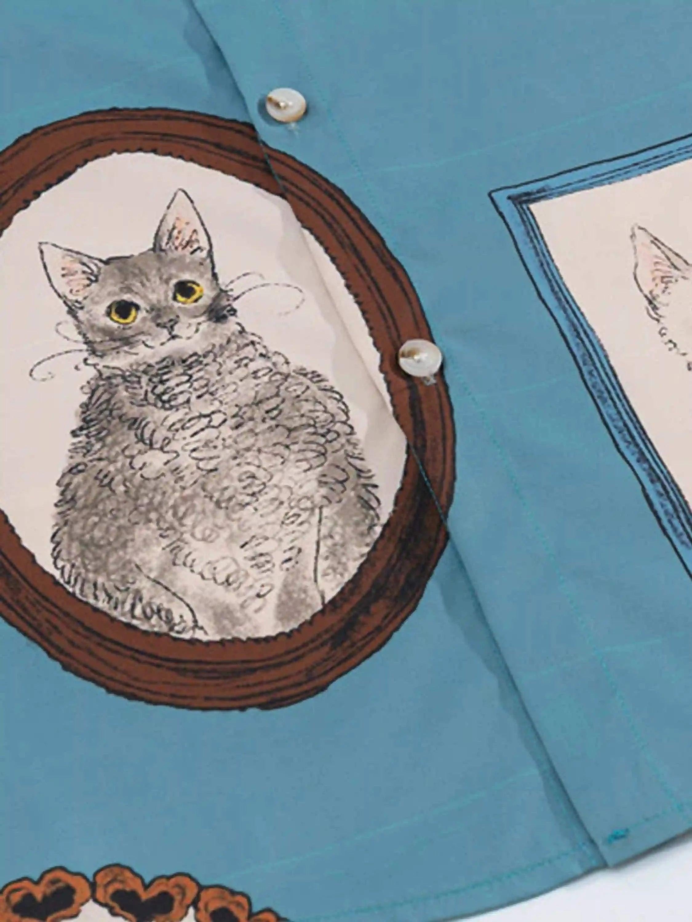Vintage Cat Print Short Sleeve Shirt