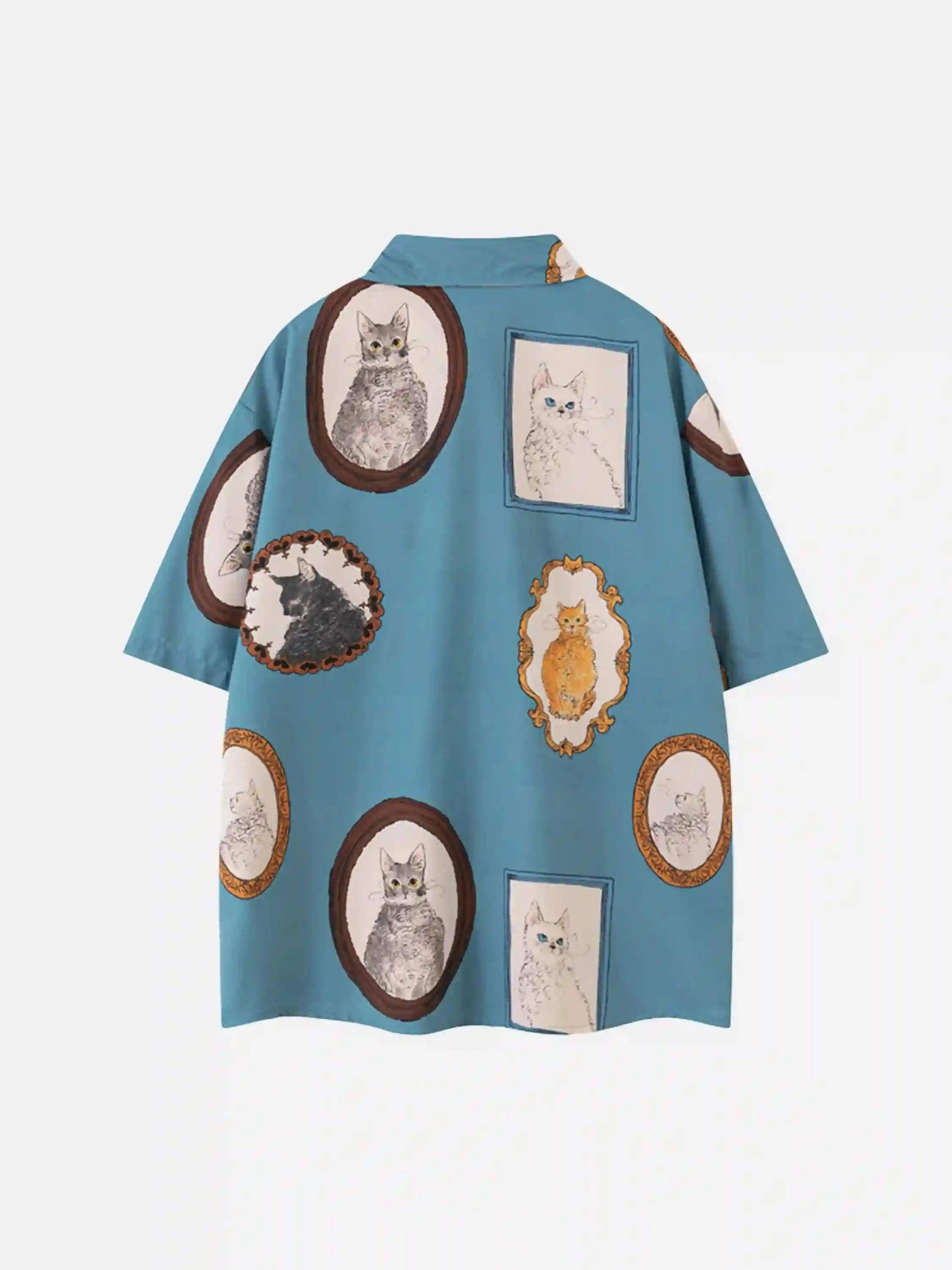 Vintage Cat Print Short Sleeve Shirt