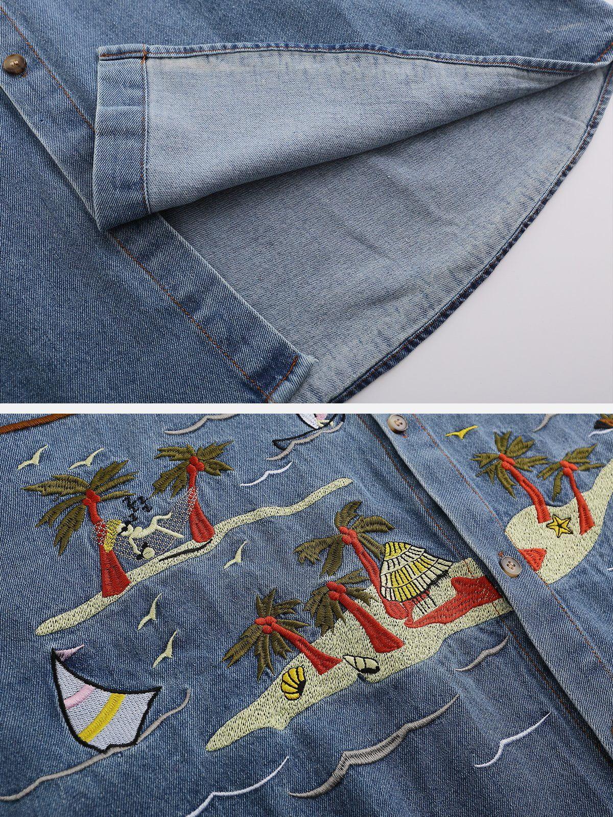 Vintage Embroidered Denim Short Sleeve Shirt