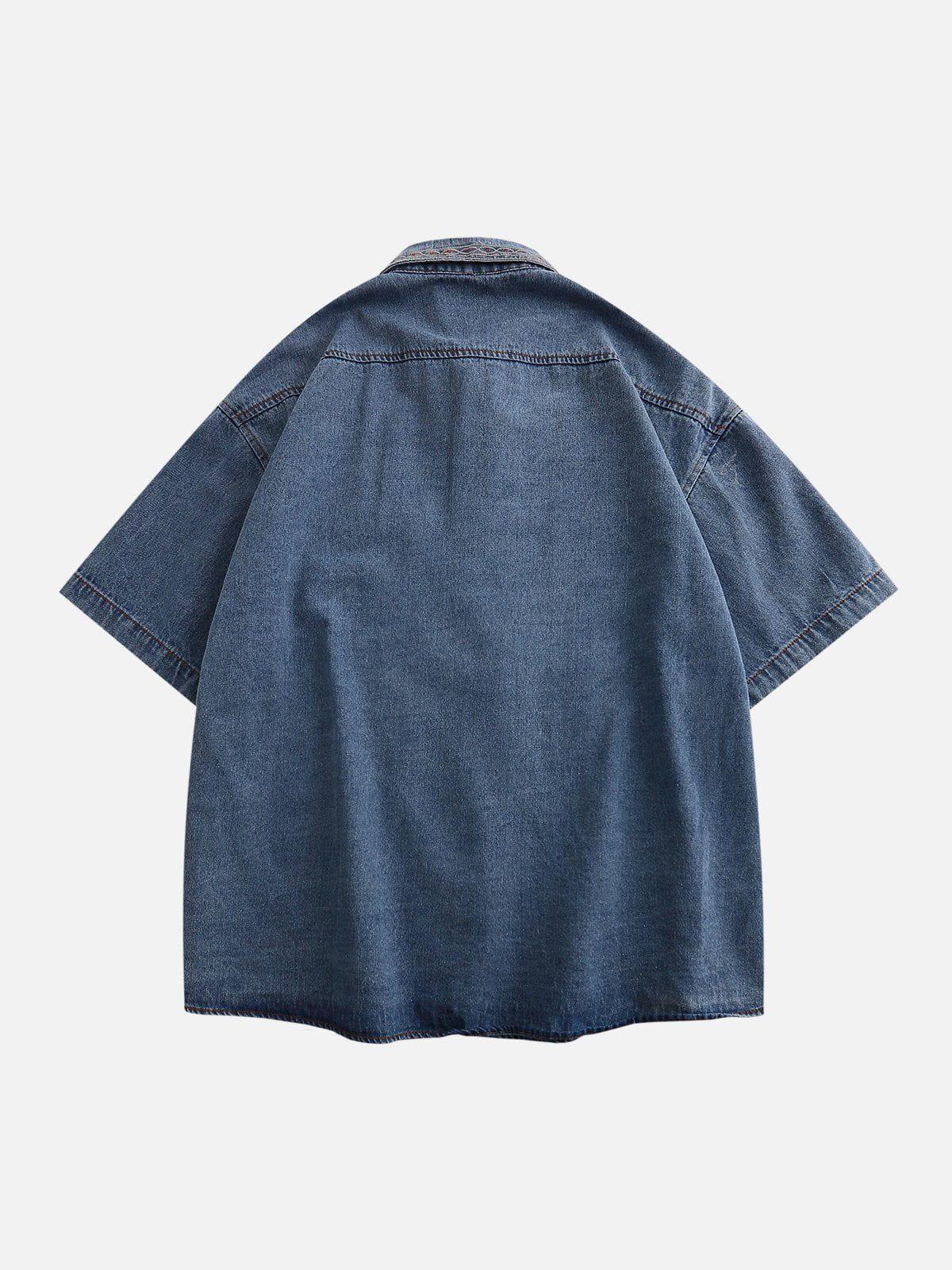 Vintage Embroidered Denim Short Sleeve Shirt