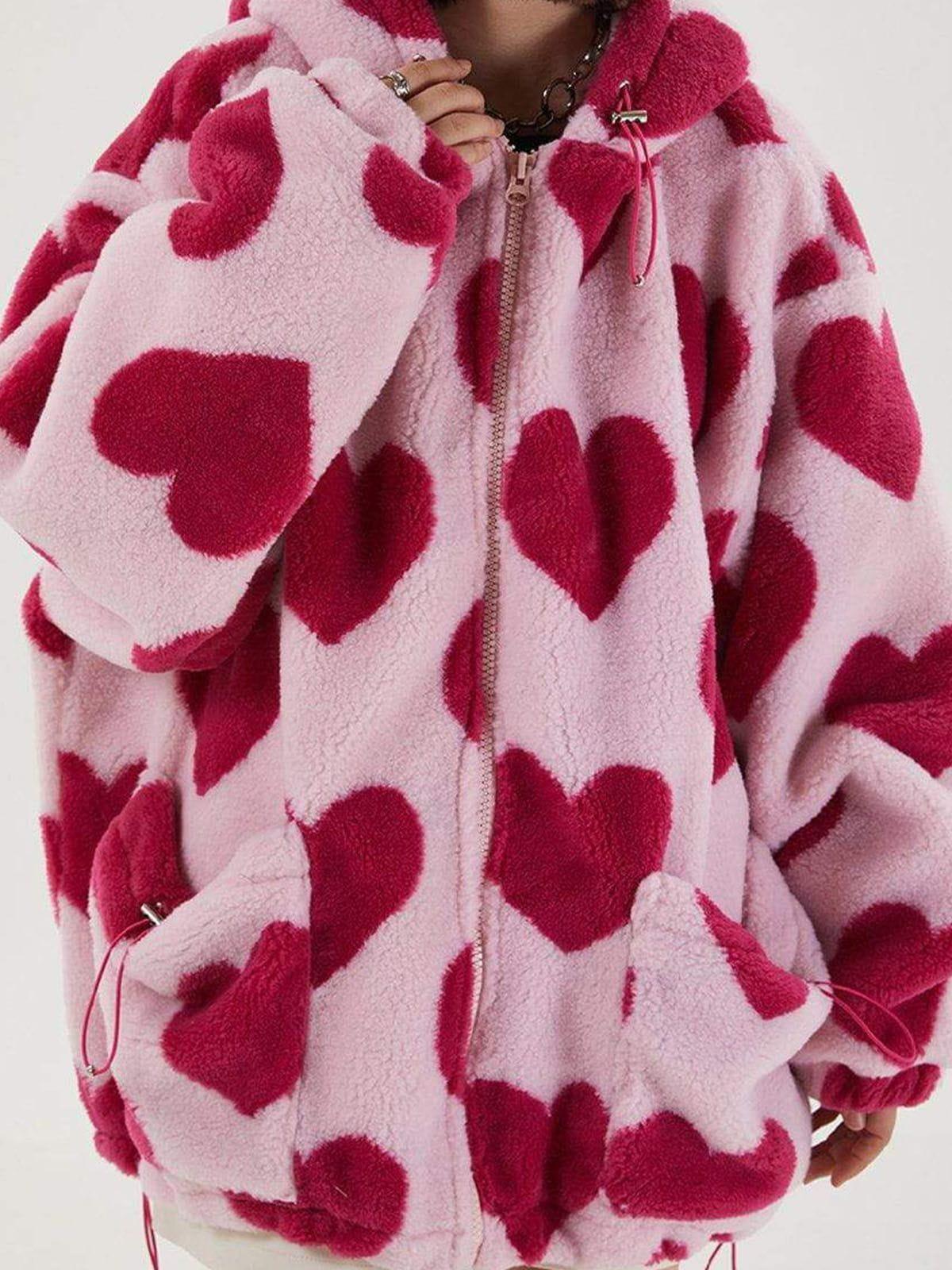 Vintage Heart Pattern Oversize Sherpa Coat