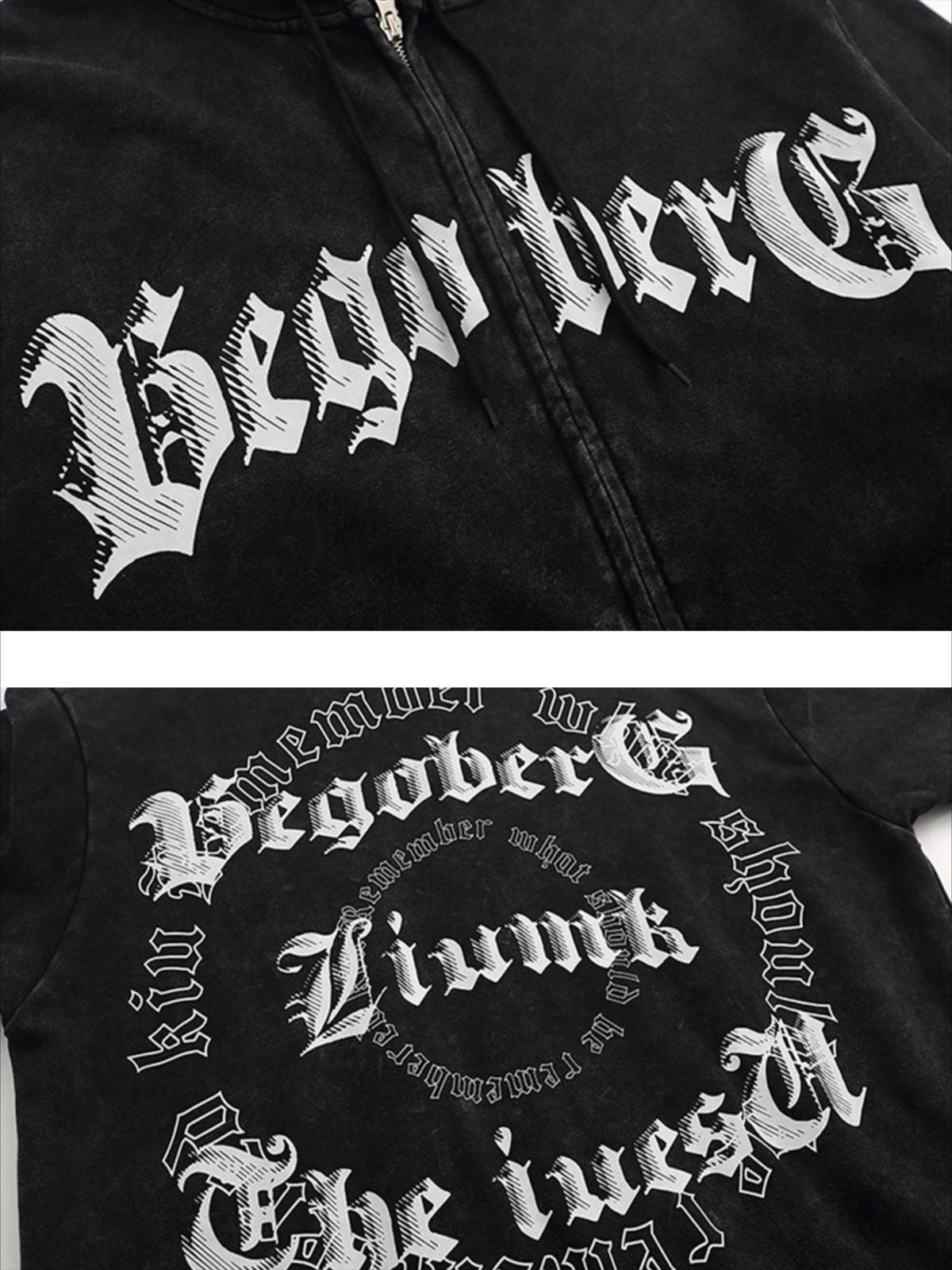 Vintage Letter Print Zipper Hoodie