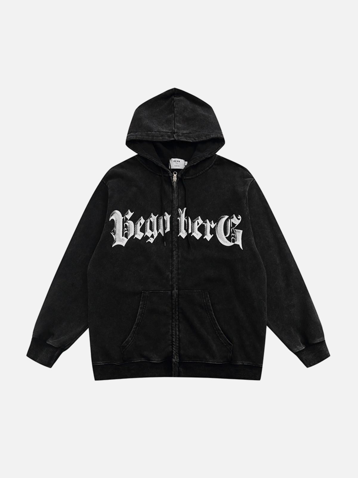 Vintage Letter Print Zipper Hoodie
