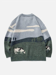 Vintage Prairie Cow Pattern Streetwear Sweater