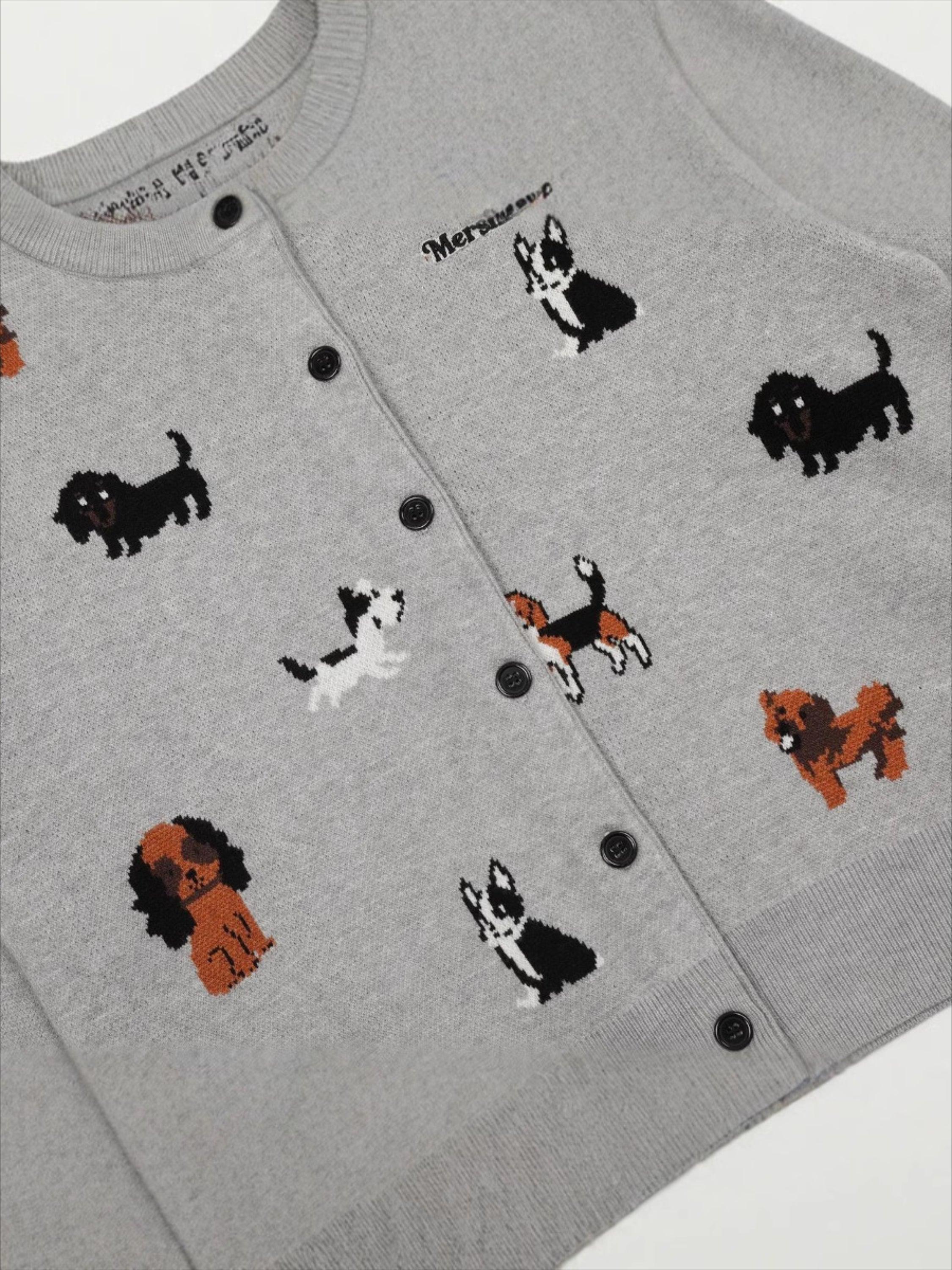 Vintage Puppy Embroidery Knit Cardigan