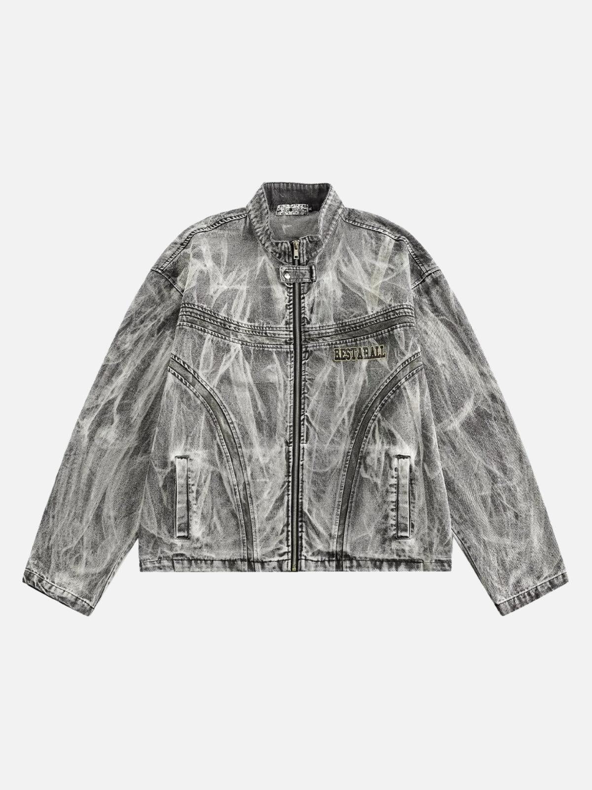 Vintage Racing Distressed Print Zip-Up Collar Jacket
