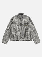 Vintage Racing Distressed Print Zip-Up Collar Jacket