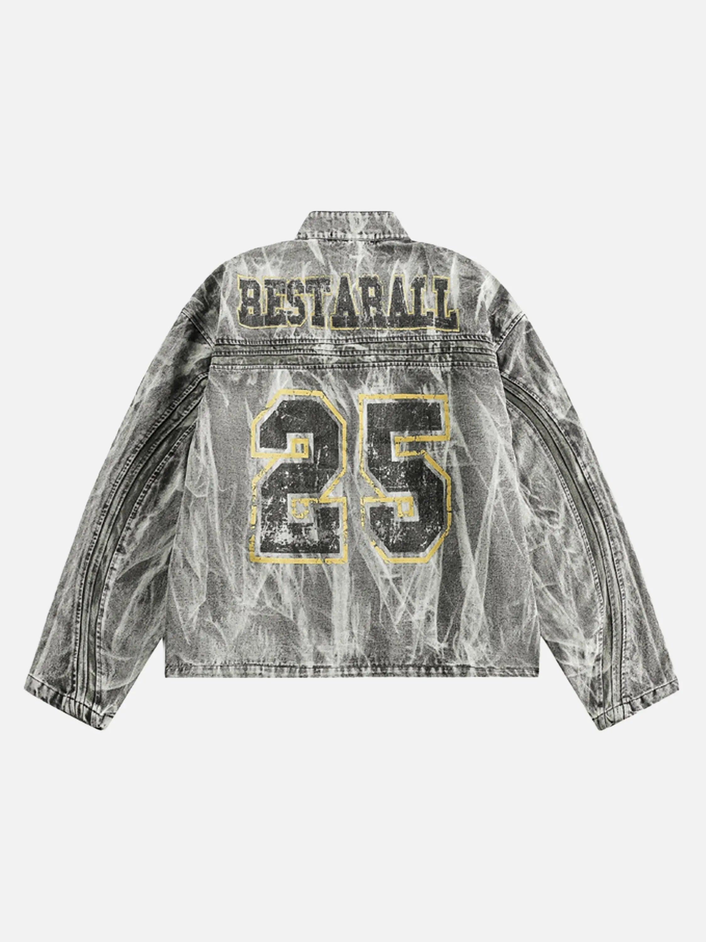 Vintage Racing Distressed Print Zip-Up Collar Jacket