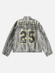 Vintage Racing Distressed Print Zip-Up Collar Jacket