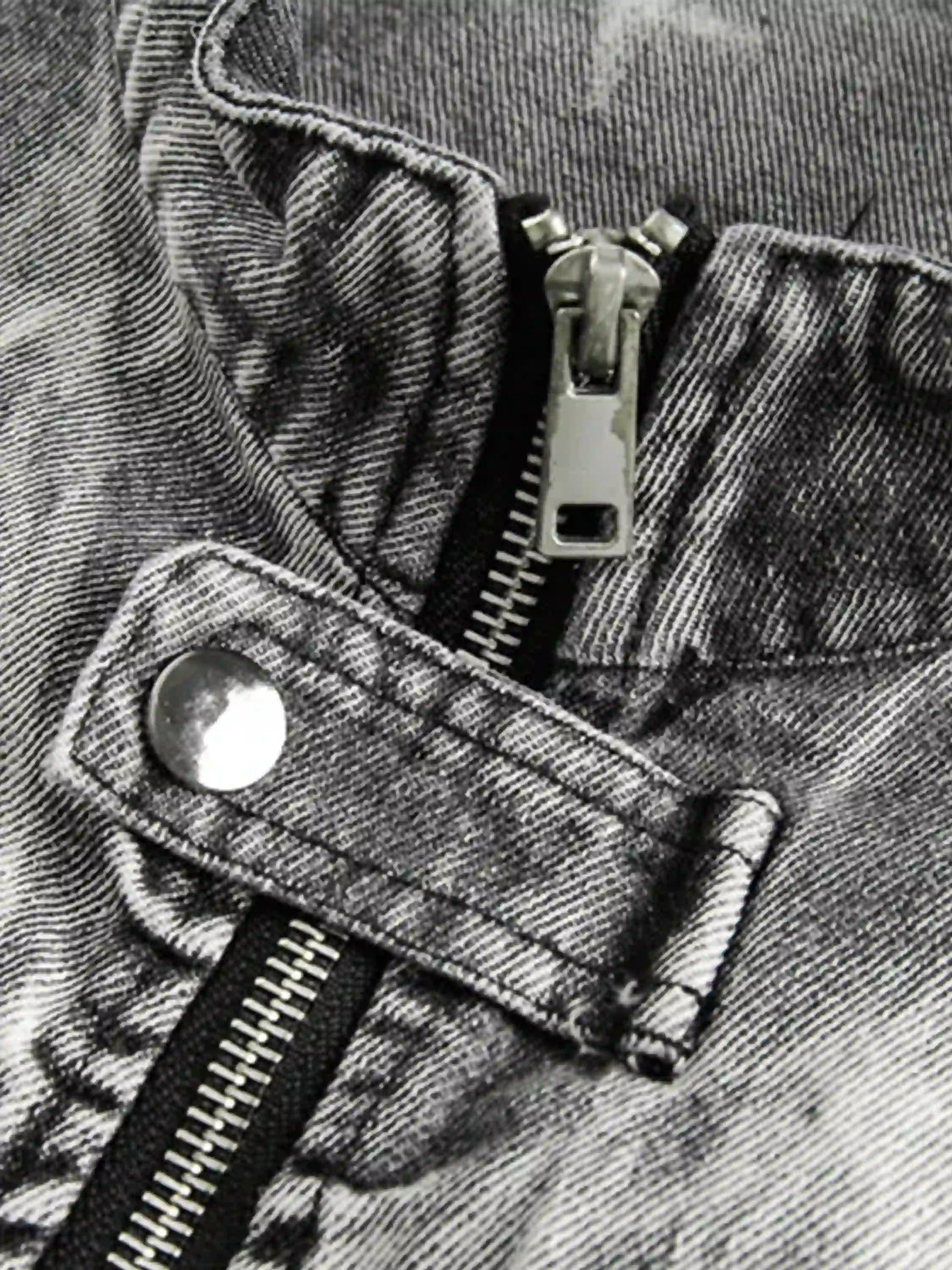Vintage Racing Distressed Print Zip-Up Collar Jacket