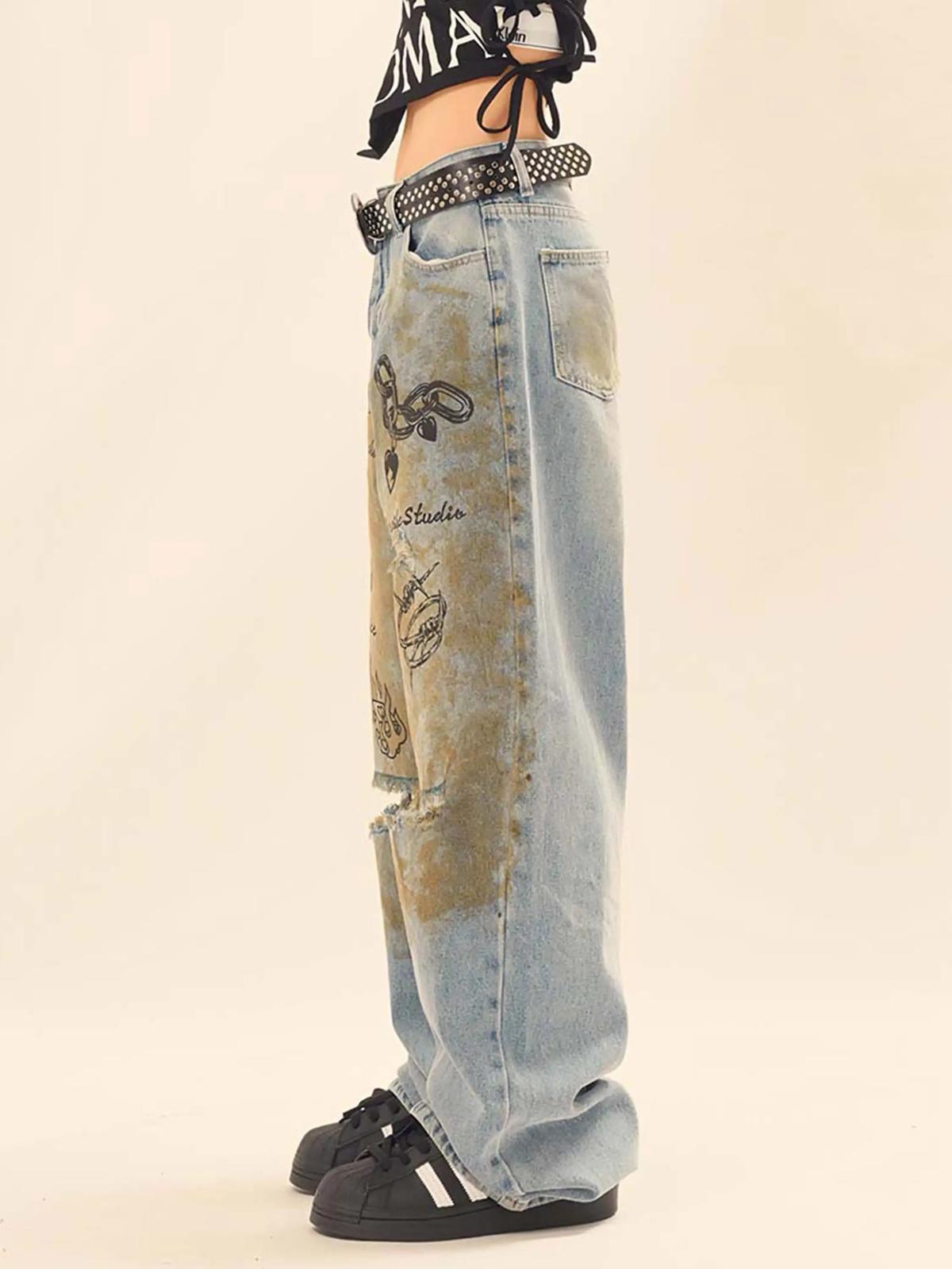 Vintage Ripped Graffiti Jeans